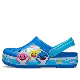 Funny Shark – Kleine Crocs – Outdoor-Sandalen mit flachem Absatz für Strand und Sport – Blau