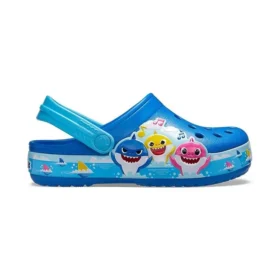 Funny Shark – Kleine Crocs – Outdoor-Sandalen mit flachem Absatz für Strand und Sport – Blau